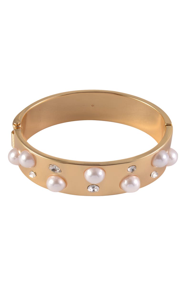 Laundry by Shelli Segal Crystal & Faux Pearl Hinge Bangle Bracelet, Main, color, Gold