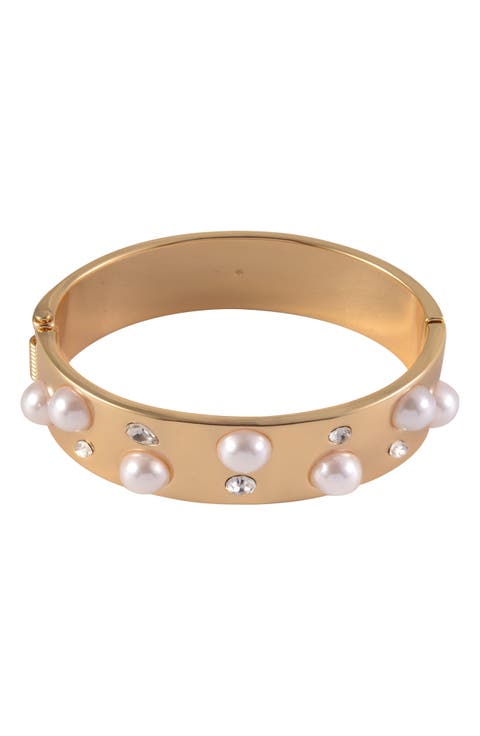 Crystal & Faux Pearl Hinge Bangle Bracelet