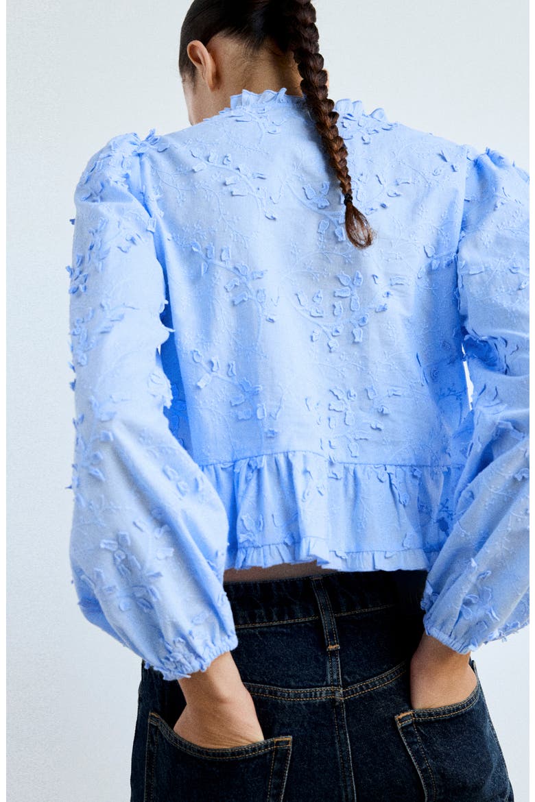 Embroidered Ruffle Peplum Cotton Button-Up Top, Alternate, color, BLUE