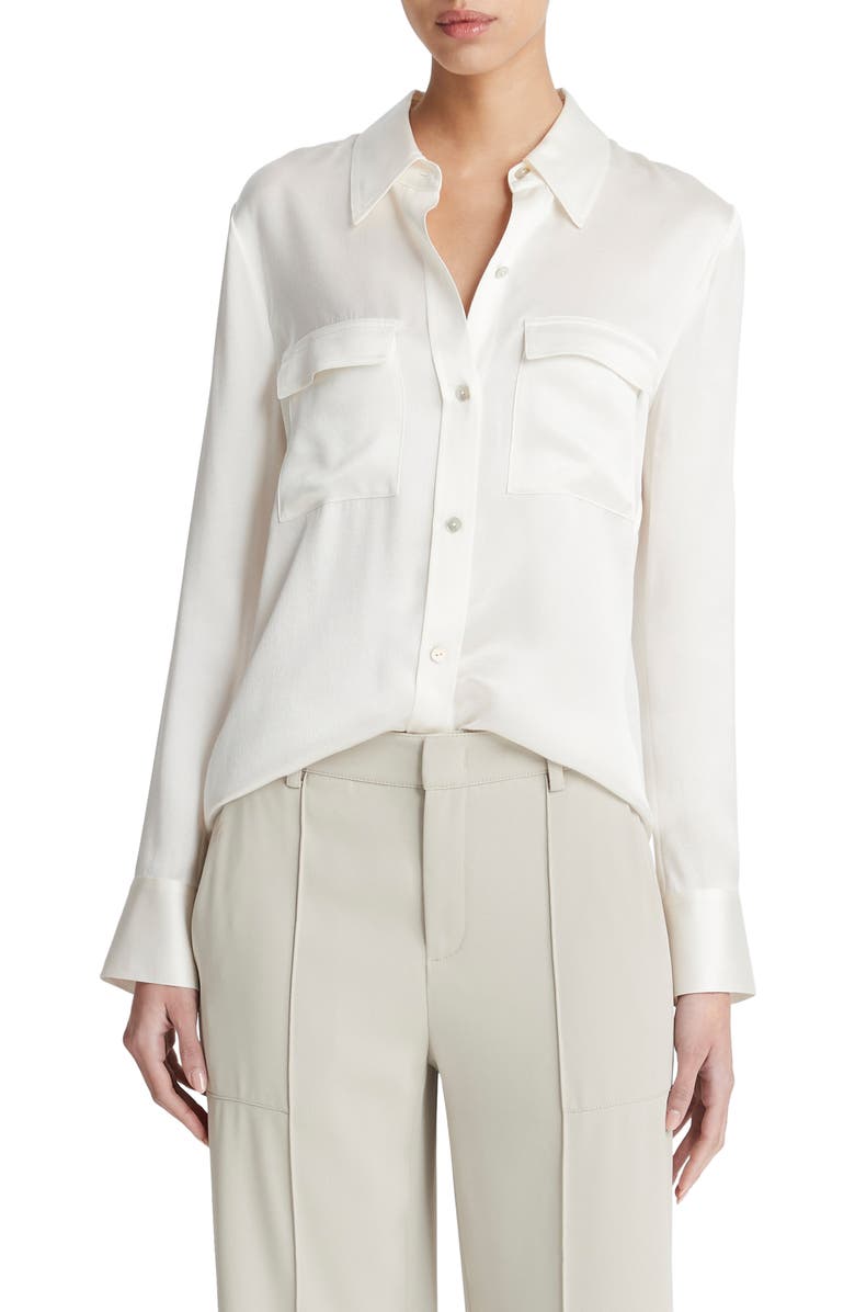 Vince Chest Pocket Satin Shirt, Main, color, Off White