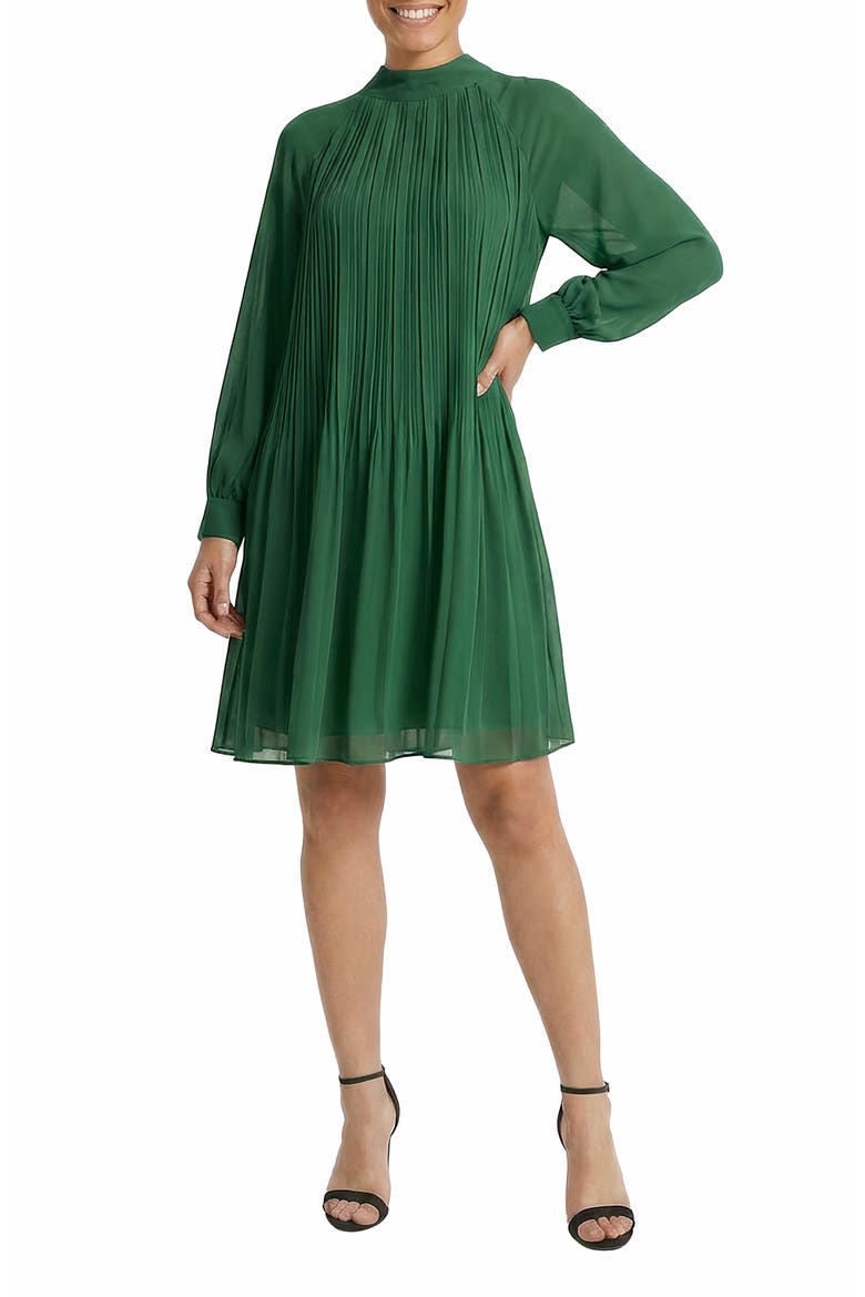 Tie Back Bishop Sleeve Plissè Swing Dress, Main, color, EMERALD GREEN
