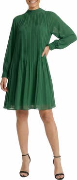 London Times Tie Back Bishop Sleeve Plissè Swing Dress