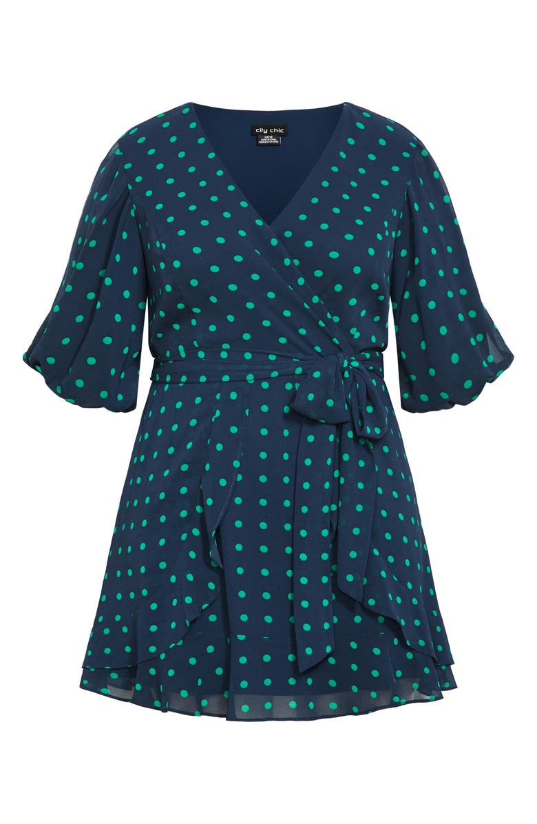 City Chic Lavender Puff Sleeve Faux Wrap Dress, Alternate, color, Navy/ Green Dot
