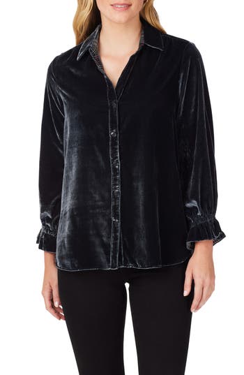 Foxcroft Riven Plush Velvet Button-up Shirt In Blue