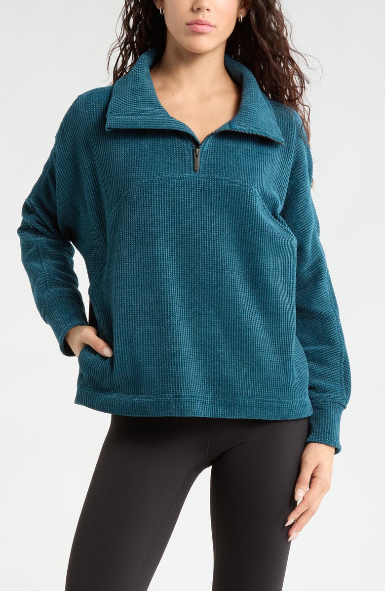 Zella Half Zip Waffle Stitch Sweatshirt, Alternate, color, Teal Seagate Marl