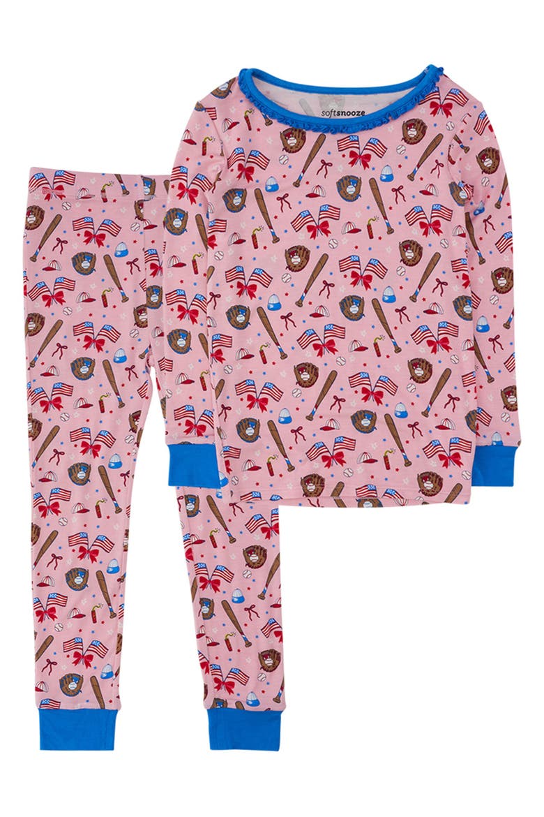Baby Girls SoftSnooze Ruffle One Piece Footie Pajama, Main, color, Pink Stars & Strikes