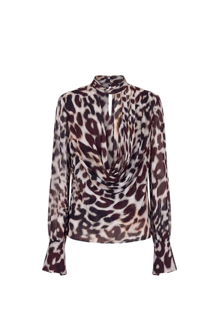 Amara Double Layer Cowl Neck Printed Blouse, Alternate, color, BORDEAUX LEOPARD