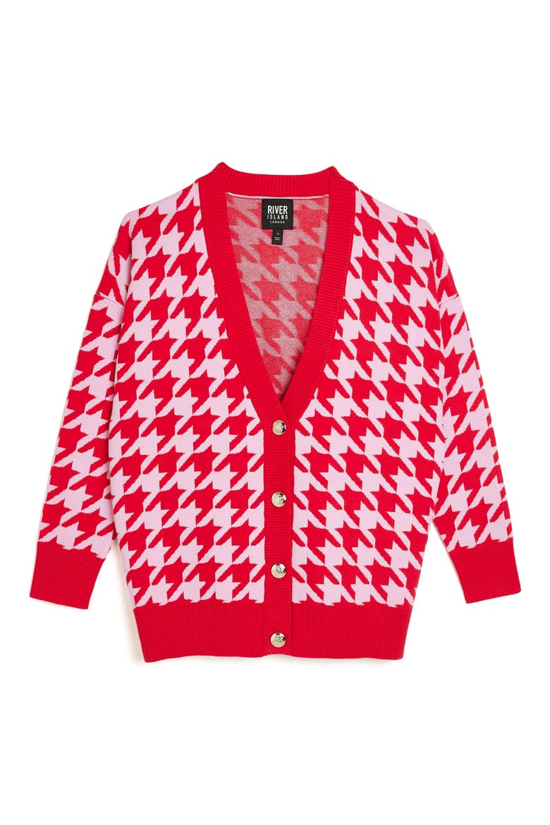 Houndstooth V-Neck Cardigan, Alternate, color, RED