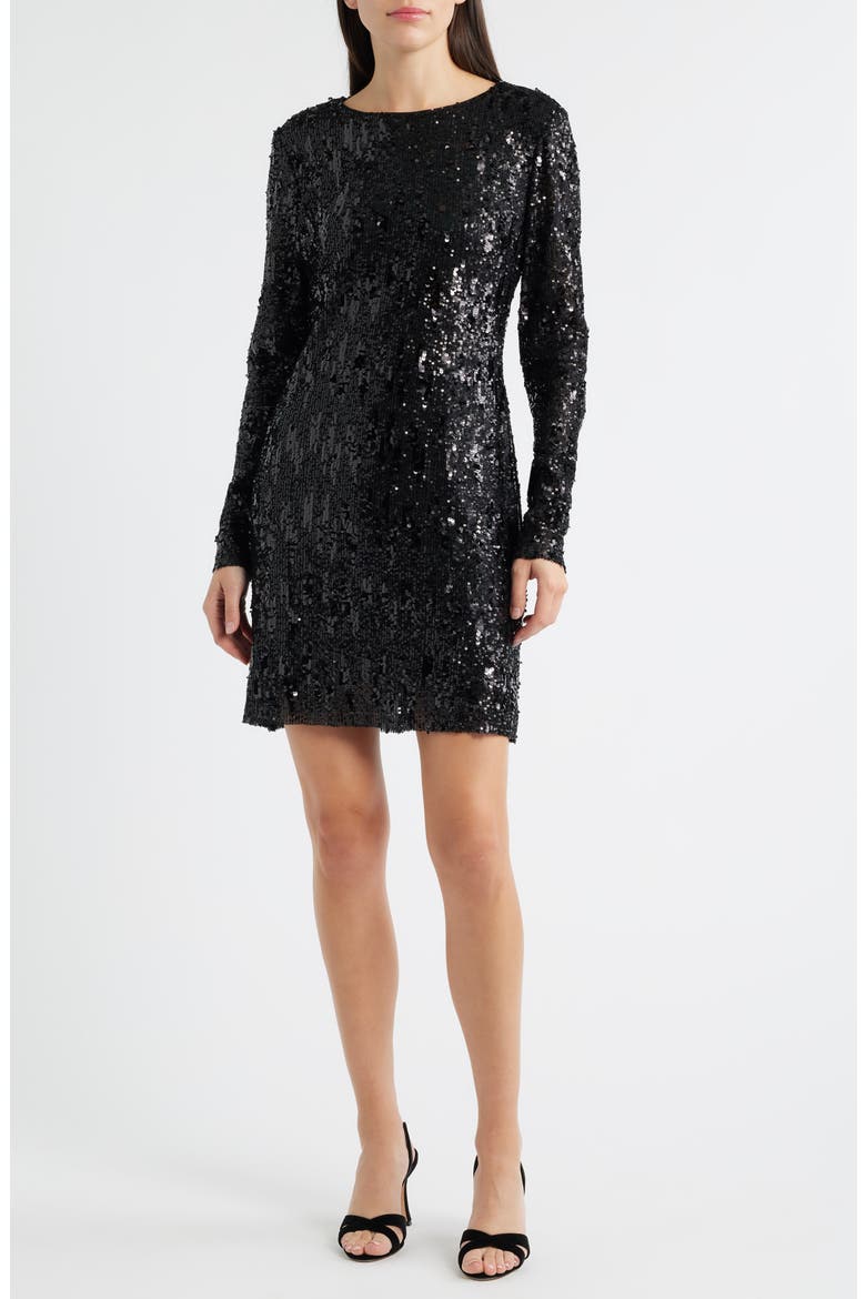 Sequin Long Sleeve Shift Minidress, Main, color, BLACK