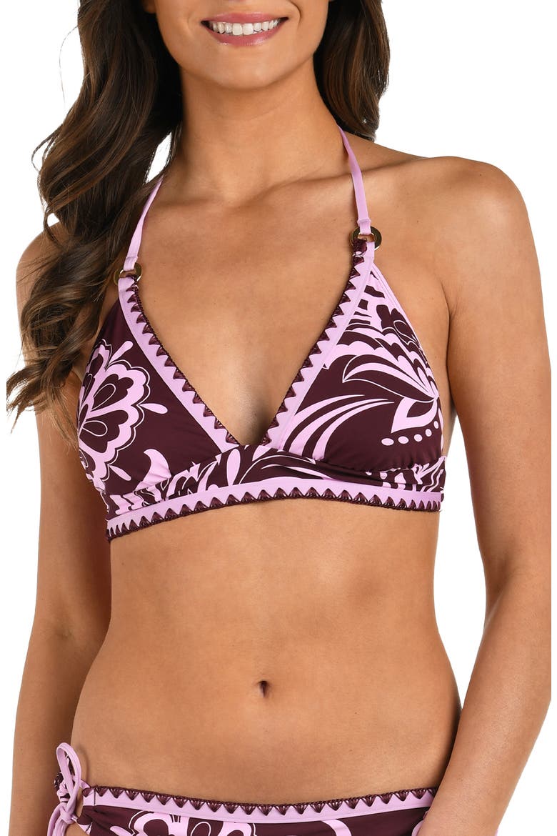Fiji Soft Band Embroidered Bikini Top, Main, color, DARK CHERRY