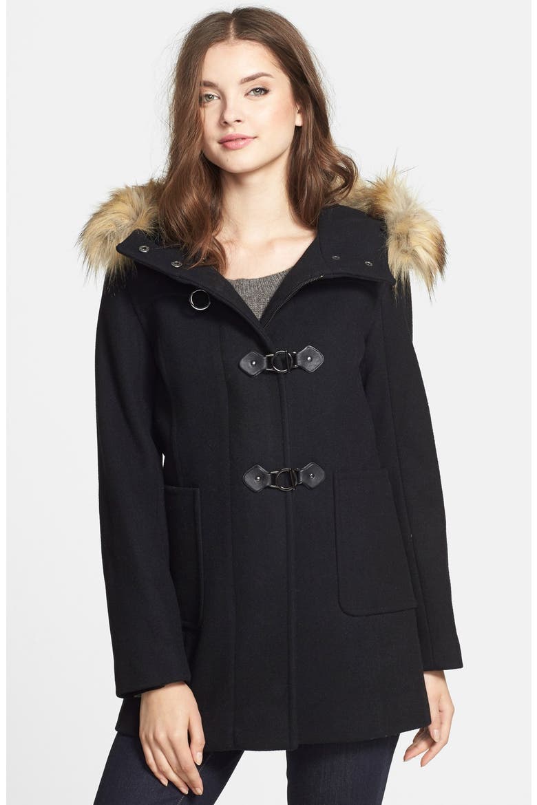 Faux Fur Trim Hooded Wool Blend Duffle Coat, Main, color, BLACK