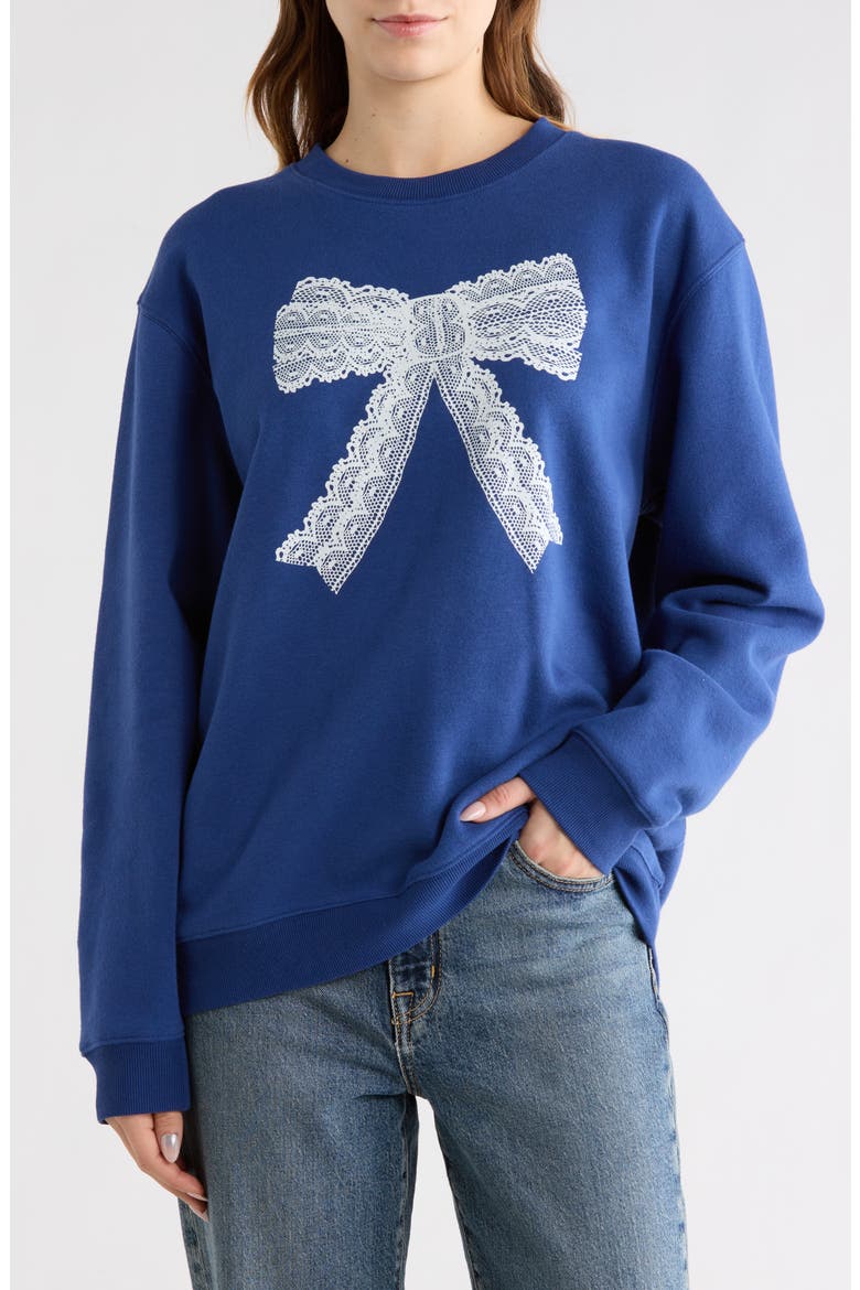 Lace Bow Fleece Crewneck Sweatshirt, Main, color, NAVY