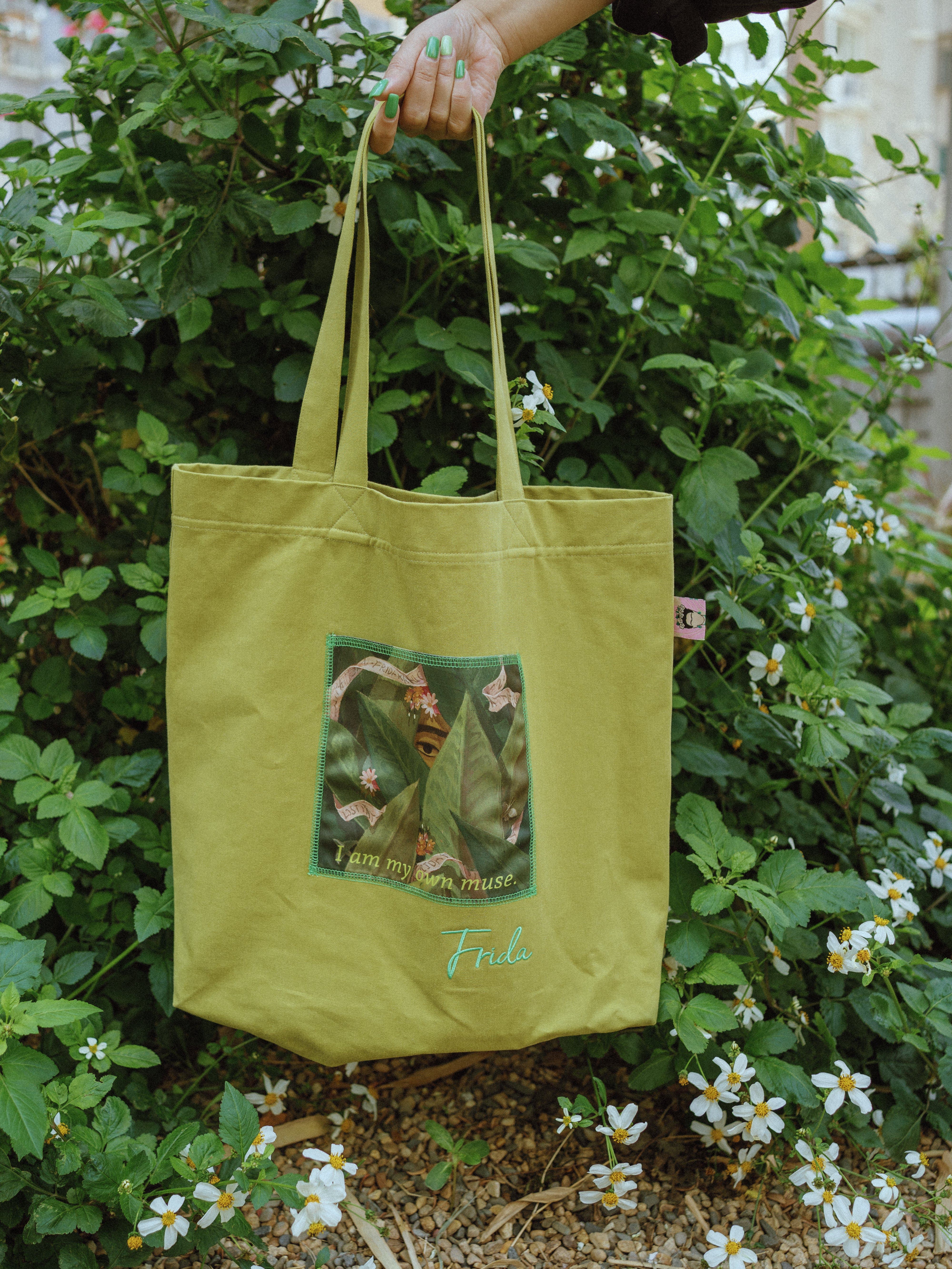 Lost Pattern NYC "I Am My Own Muse by Frida" Cotton Tote Bag, Alternate, color, Avocado Green