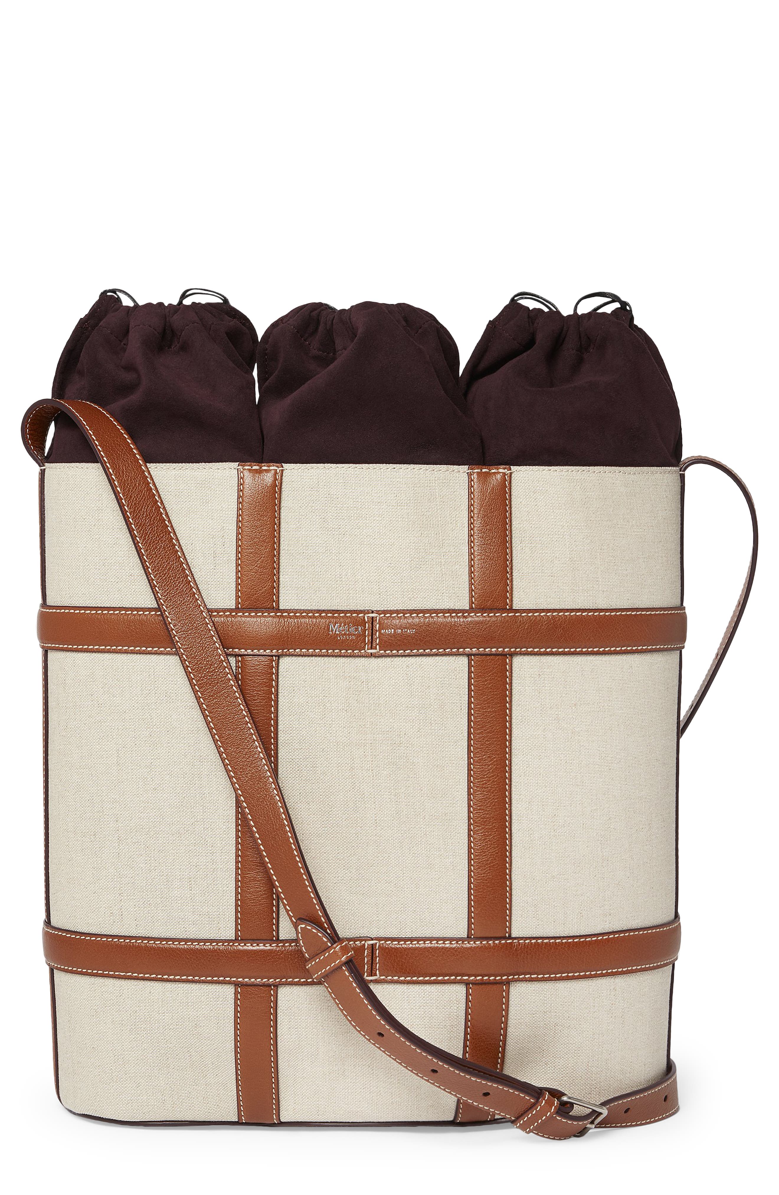 Métier London Linen & Leather Triple Wine Carrier, Main, color, 