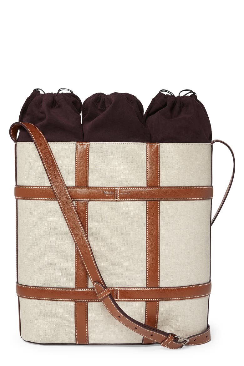 Metiér London Linen & Leather Triple Wine Carrier, Main, color, NATURAL LINEN W/ COGNAC