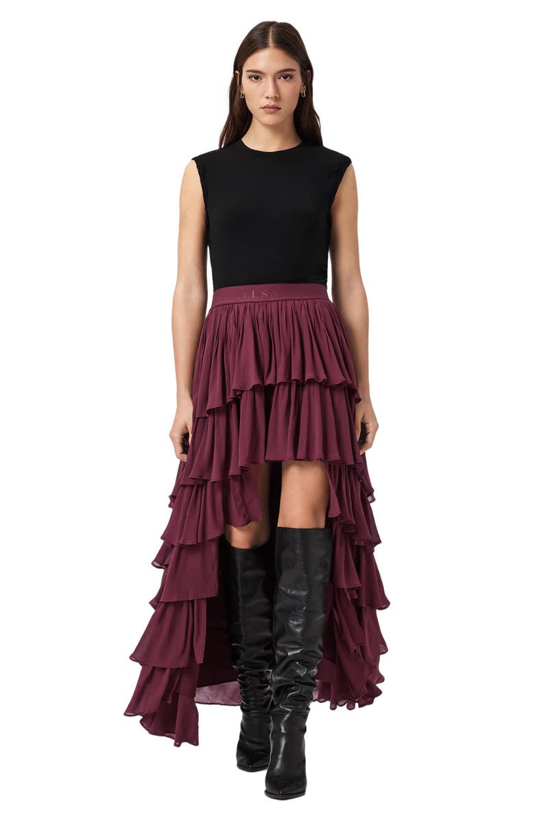 AllSaints Cavarly Layered Ruffle High-Low Maxi Skirt, Alternate, color, Tawny Port Red