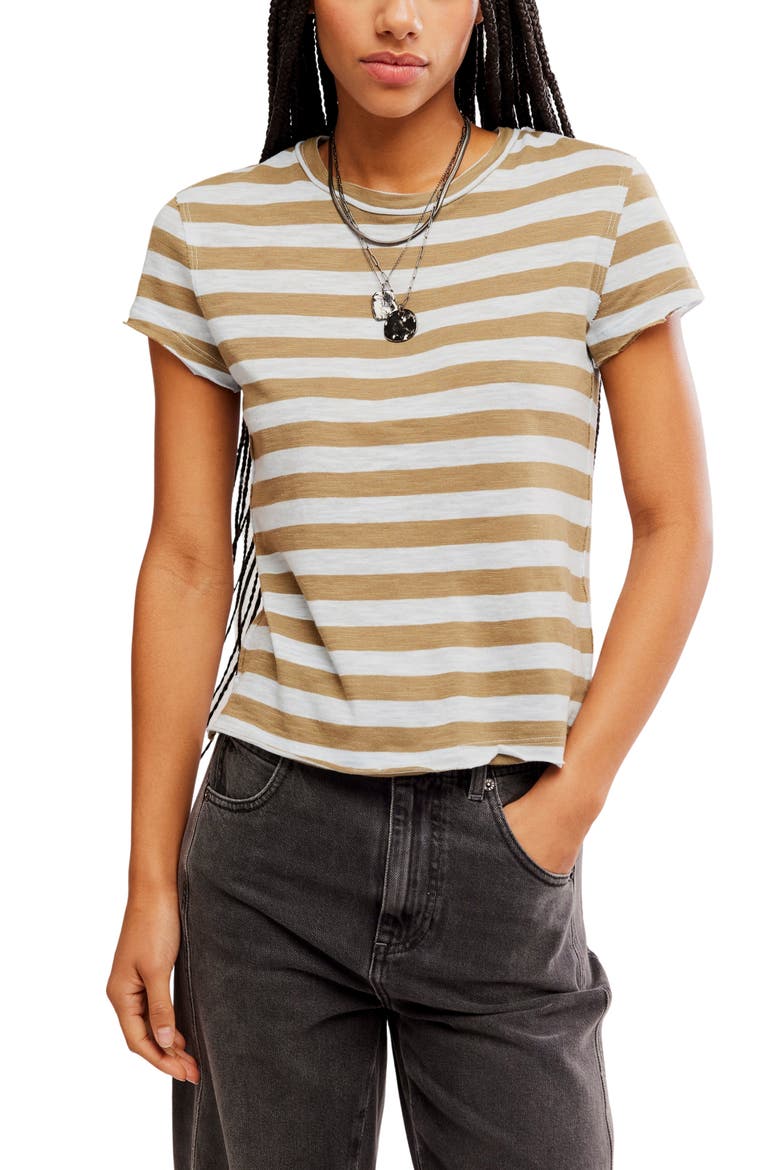 Nora Stripe Linen & Cotton T-Shirt, Main, color, MOCHA COMBO