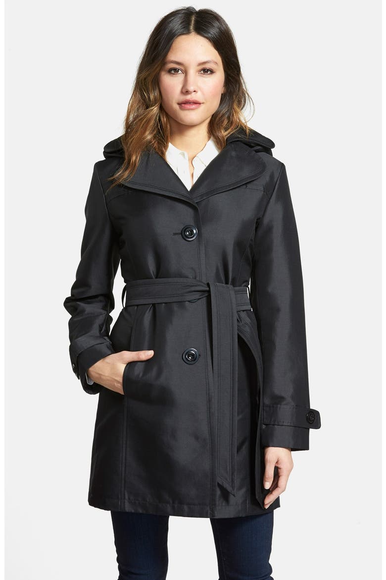 Single Breasted Sateen Trench Coat, Main, color, BLACK