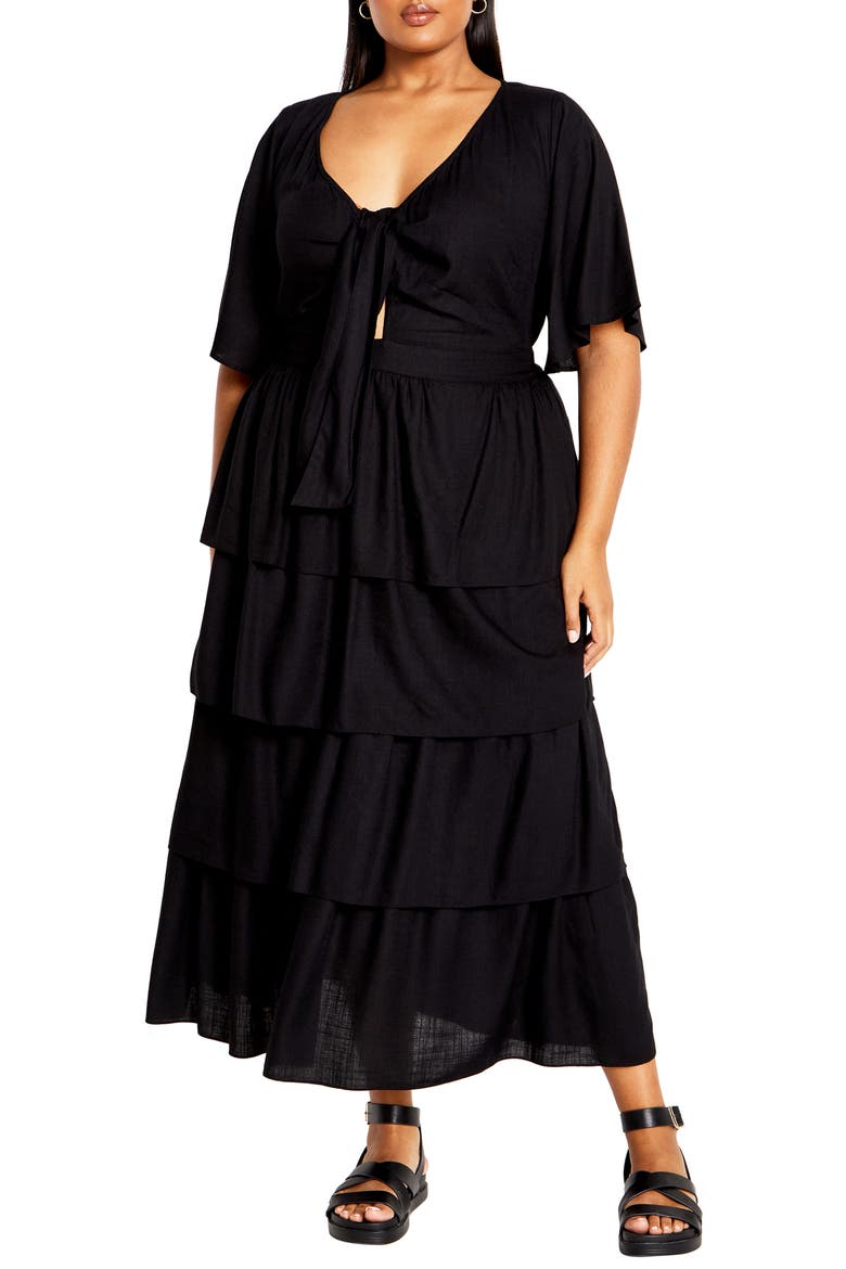 Ana Tie Front Tiered Midi Dress, Main, color, BLACK