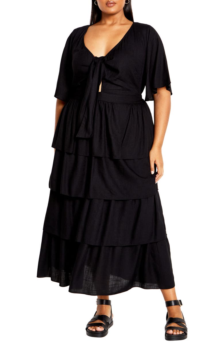 City Chic Ana Tie Front Tiered Midi Dress, Main, color, 