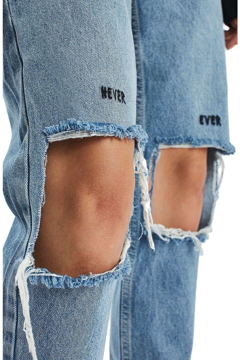 Embroidered Slogan Ripped Jeans, Alternate, color, LIGHT BLUE
