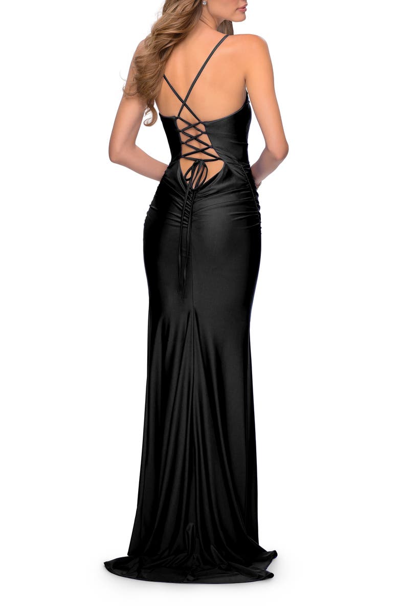 La Femme Long Jersey Dress with Draped V-Neckline and Ruching, Alternate, color, Black