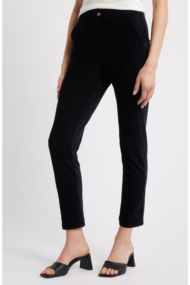 High Waist Corded Knit Straight Leg Pants, Main, color, BLACK
