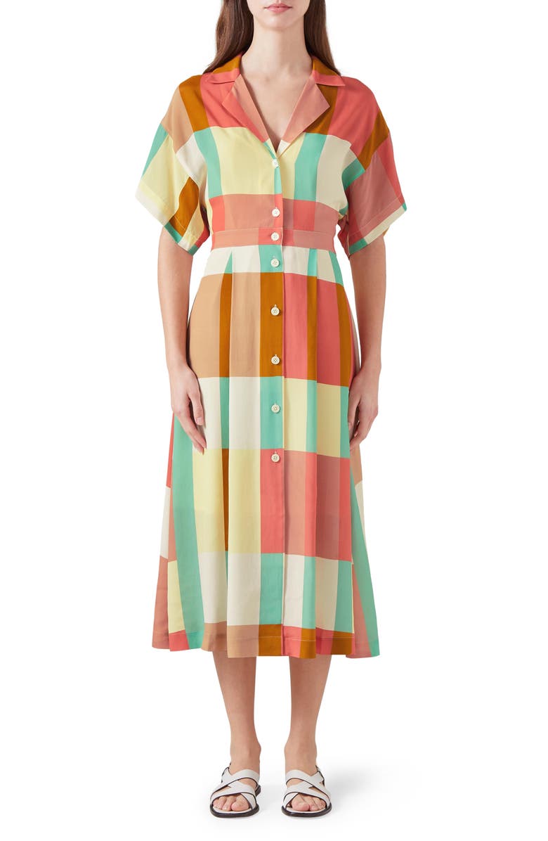 LK Bennett Izzy Block Print Midi Shirtdress, Main, color, Rose
