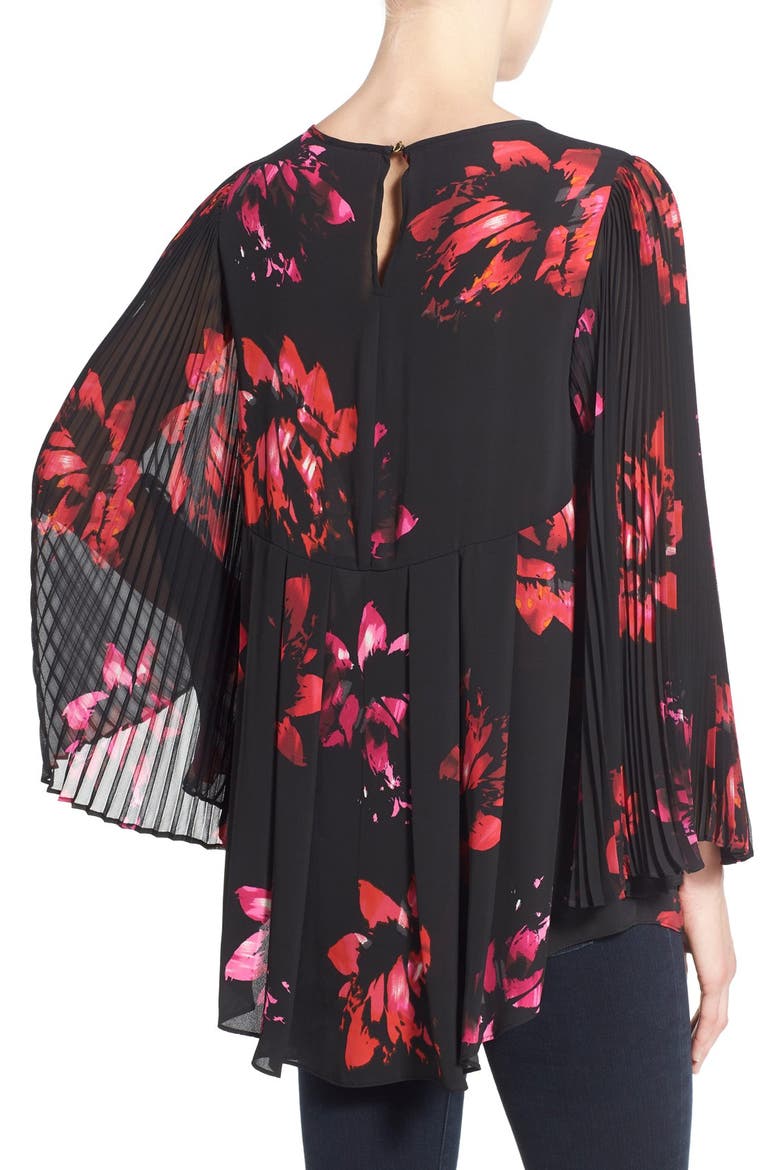 Pleat Sleeve High/Low Floral Blouse, Alternate, color, RICH BLACK
