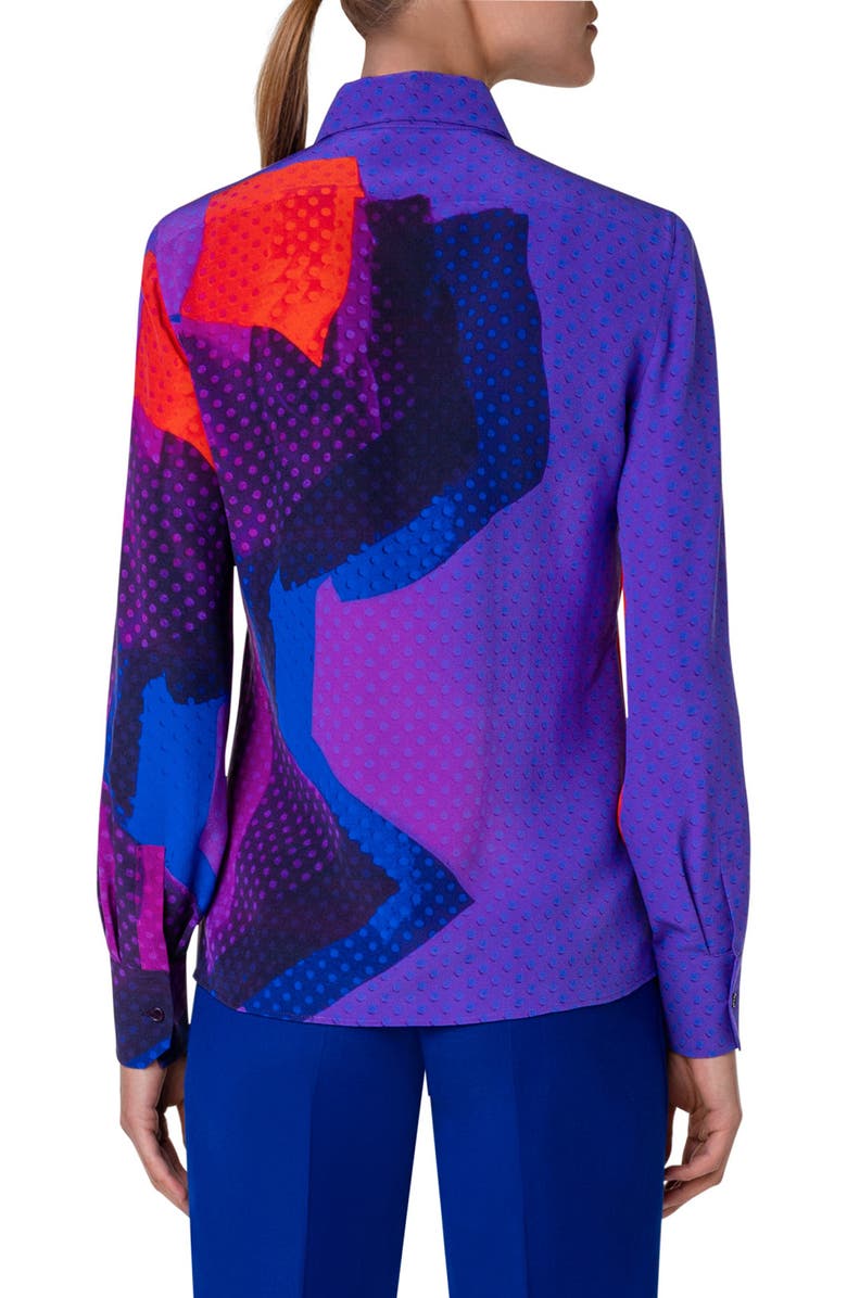 Akris Dot Print Colorblock Silk Crepe Button-Up Shirt, Alternate, color,