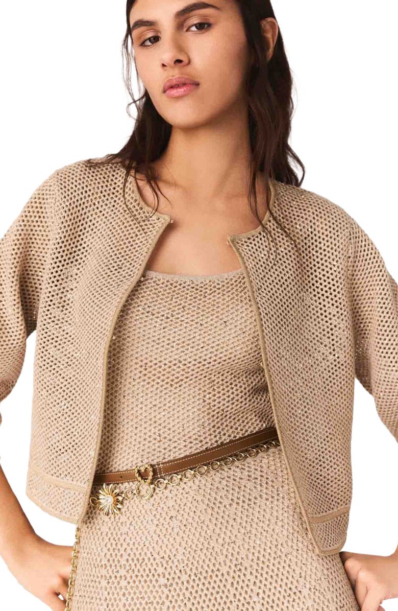 maje Rhinestone knit cardigan, Alternate, color, Nude