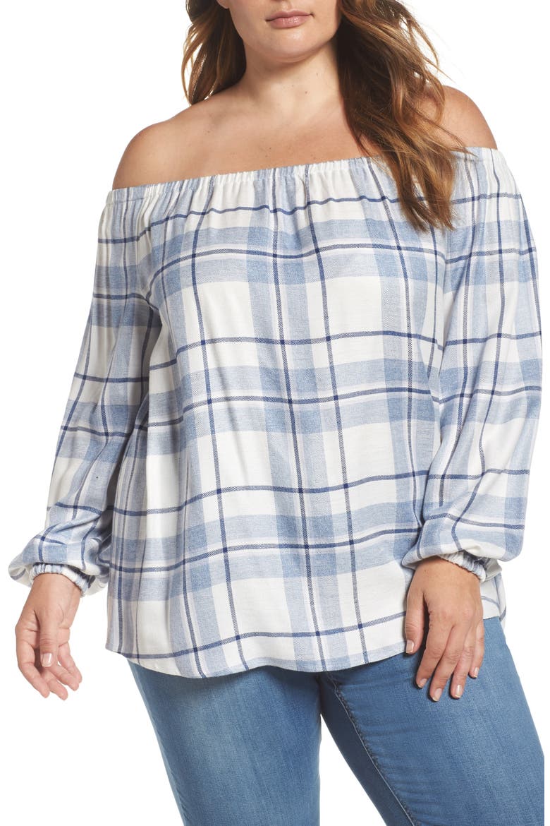 Plaid Off the Shoulder Blouse, Main, color, BLUE NIGHT