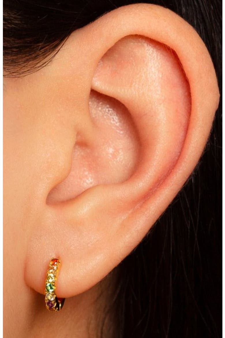 Beaded Huggie Earrings, Alternate, color, Gold / Rainbow