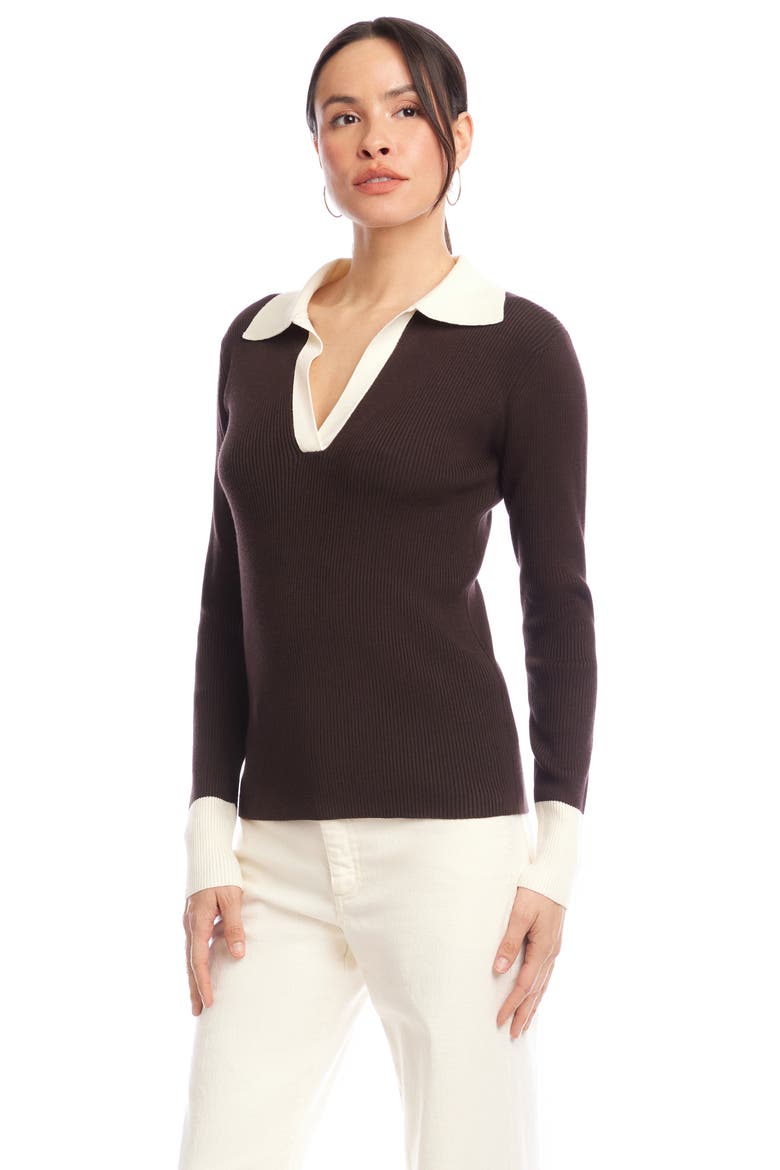 Contrast Rib Polo Sweater, Alternate, color, CHOCOLATE W/ CREAM