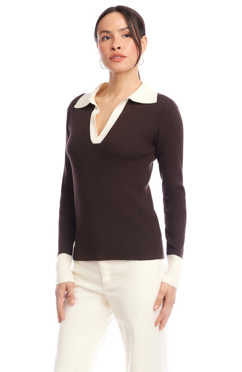 Karen Kane Contrast Rib Polo Sweater, Alternate, color, Chocolate W/ Cream