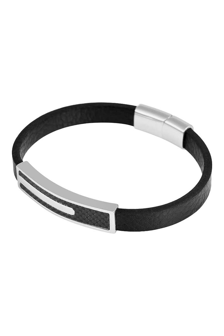 Men's Carbon Fiber & Stainless Steel Bar Leather Bracelet, Alternate, color, SILVER