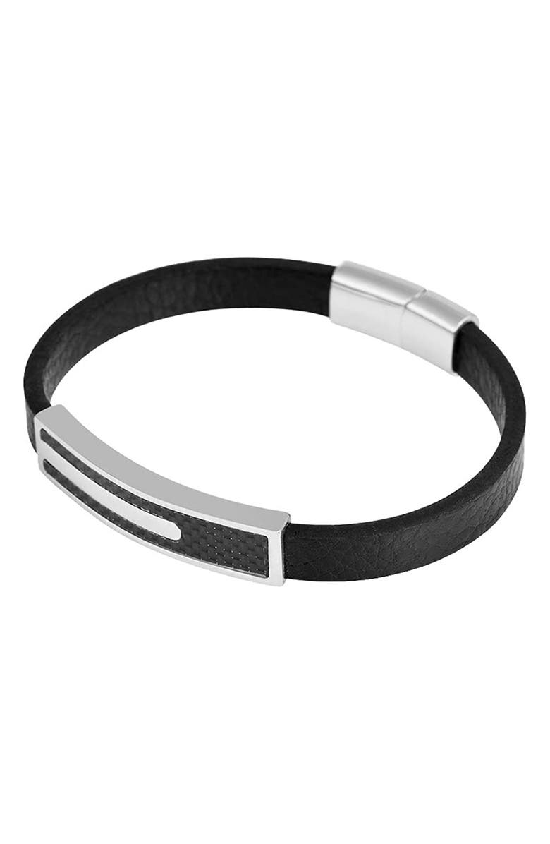 GEOFFREY BEENE Men's Carbon Fiber & Stainless Steel Bar Leather Bracelet, Alternate, color, Silver