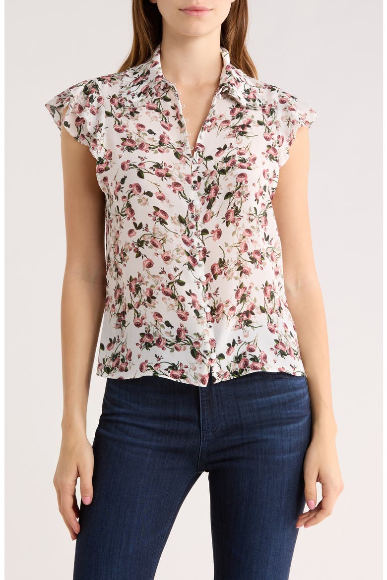 Martel Floral Flutter Sleeve Silk Button-Up Top, Main, color, FLEUR FRILLS OFF WHITE