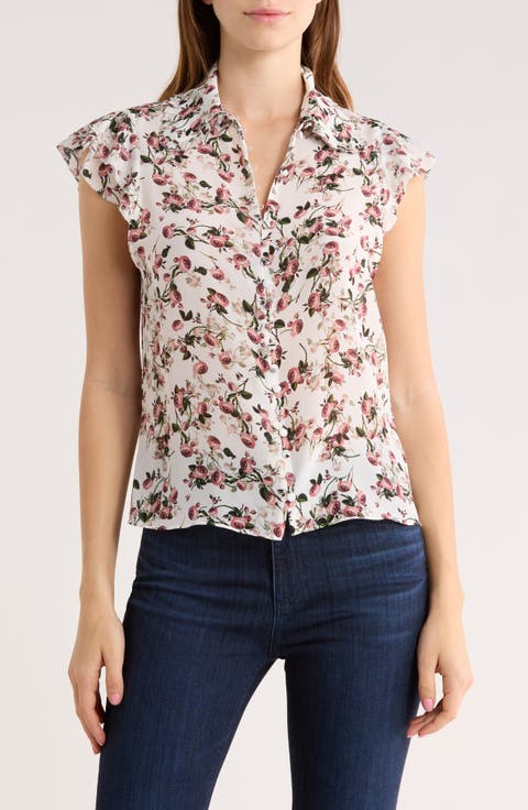 Martel Floral Flutter Sleeve Silk Button-Up Top