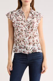 Alice + Olivia Martel Floral Flutter Sleeve Silk Button-Up Top