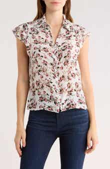 Alice + Olivia Martel Floral Flutter Sleeve Silk Button-Up Top