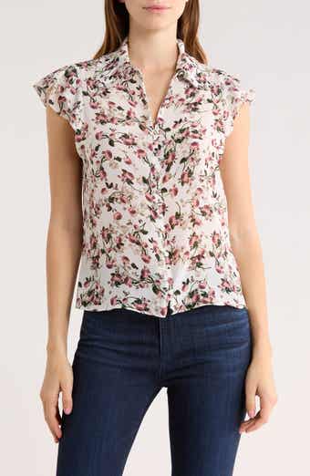 Alice + Olivia Martel Floral Flutter Sleeve Silk Button-Up Top