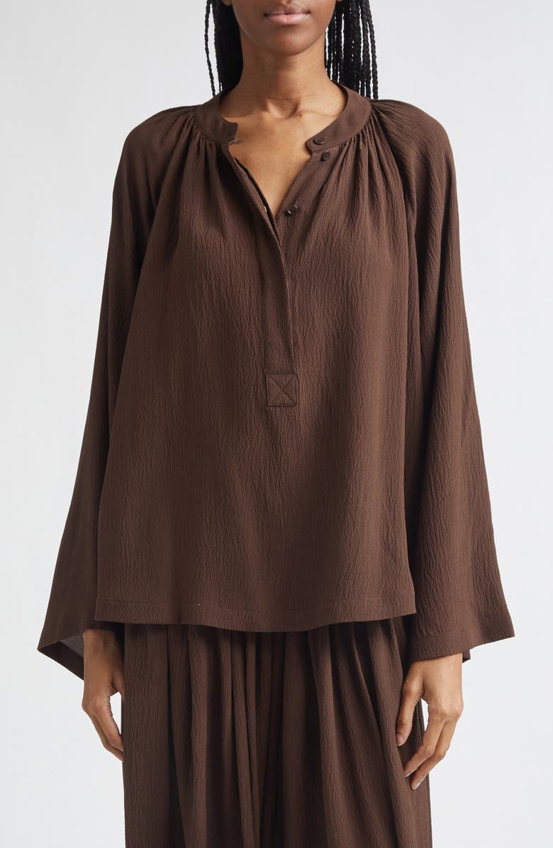 Michael Kors Collection Silk Seersucker Poet Shirt, Main, color, Espresso