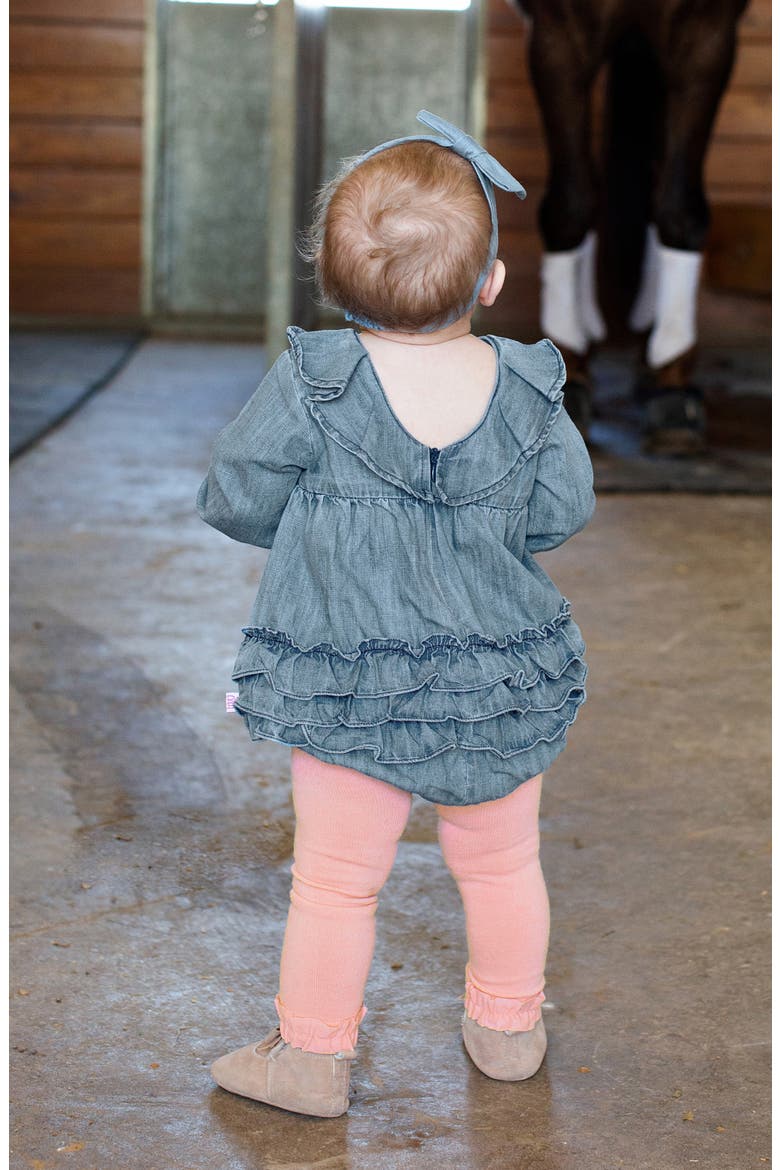 Denim Bubble Romper & Tights Set, Alternate, color, BLUE
