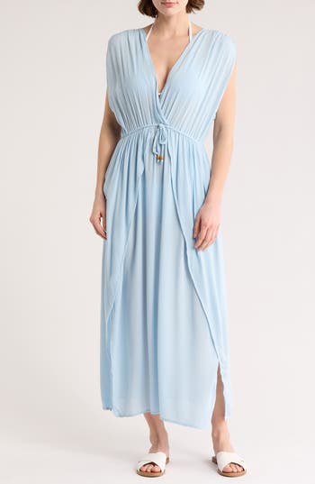 Boho Me V-neck Front Tie Cover-up Maxi Dress In Blue