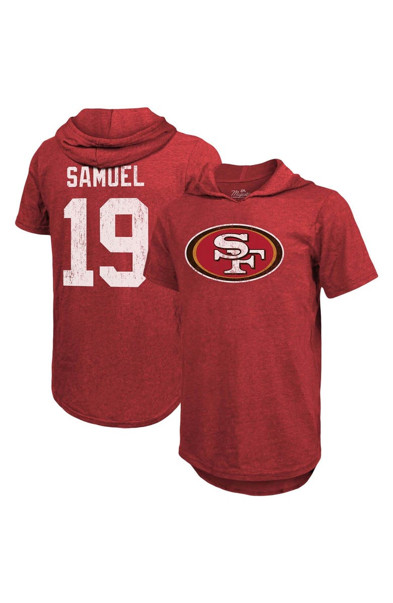 Majestic Threads Men's Majestic Threads Deebo Samuel Scarlet San Francisco 49ers Player Name & Number Tri-Blend Slim Fit Hoodie T-Shirt, Main, color, 