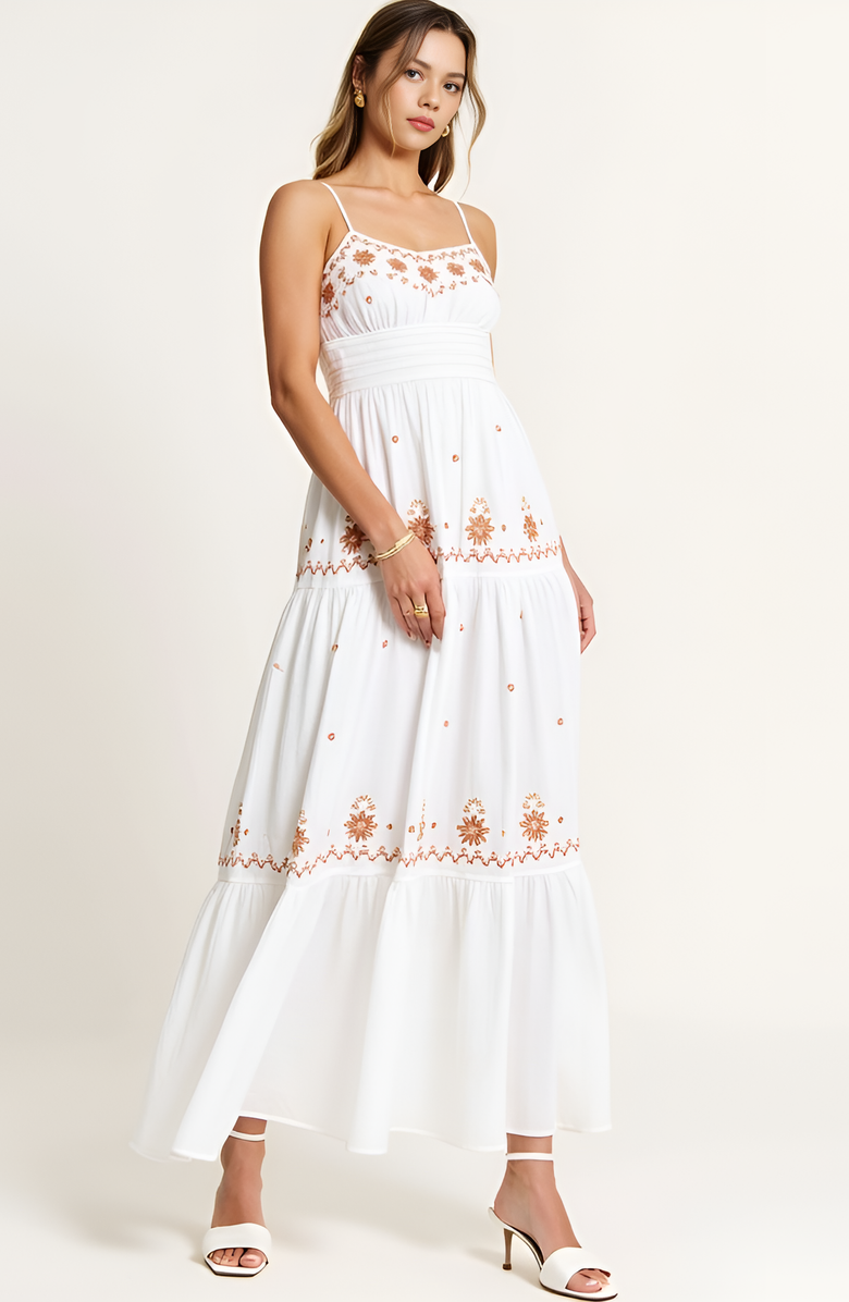 Modenaire Embroidered Tiered Maxi Dress, Alternate, color, White / Brown Embroidery