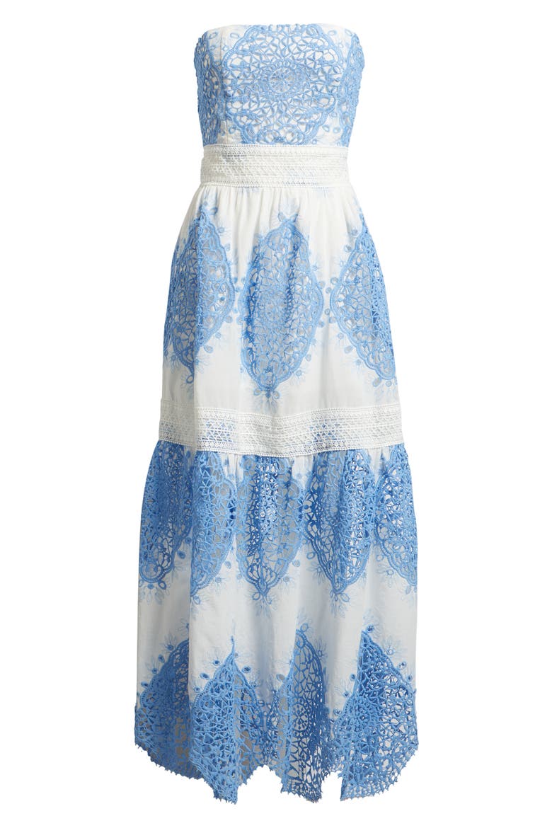Antonella Strapless Midi Dress, Alternate, color, WHITE/ BLUE