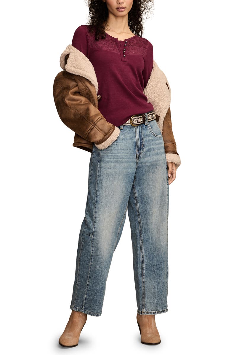 Lucky Brand Lace Yoke Cotton Henley, Alternate, color, Windsor Wine