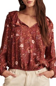 Lucky Brand Floral Print Ruffle Tie Neck Top